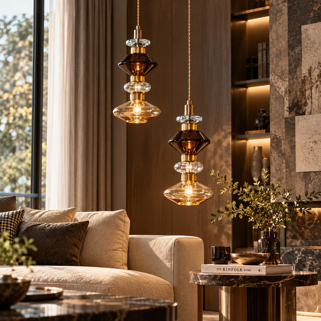 Danza glass pendant cluster as a sculptural centerpiece in a living room