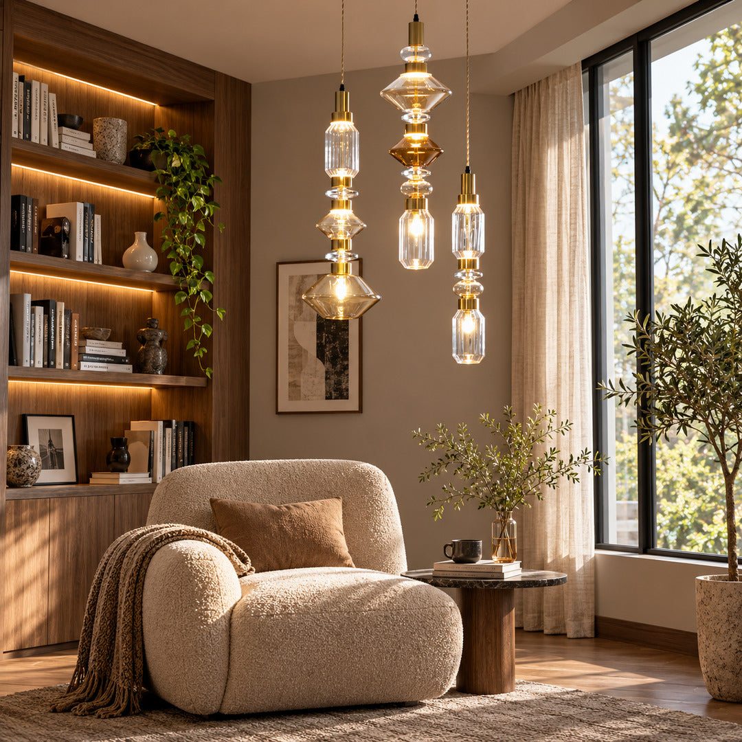 Danza glass pendant light casting a warm glow over a corner reading chair