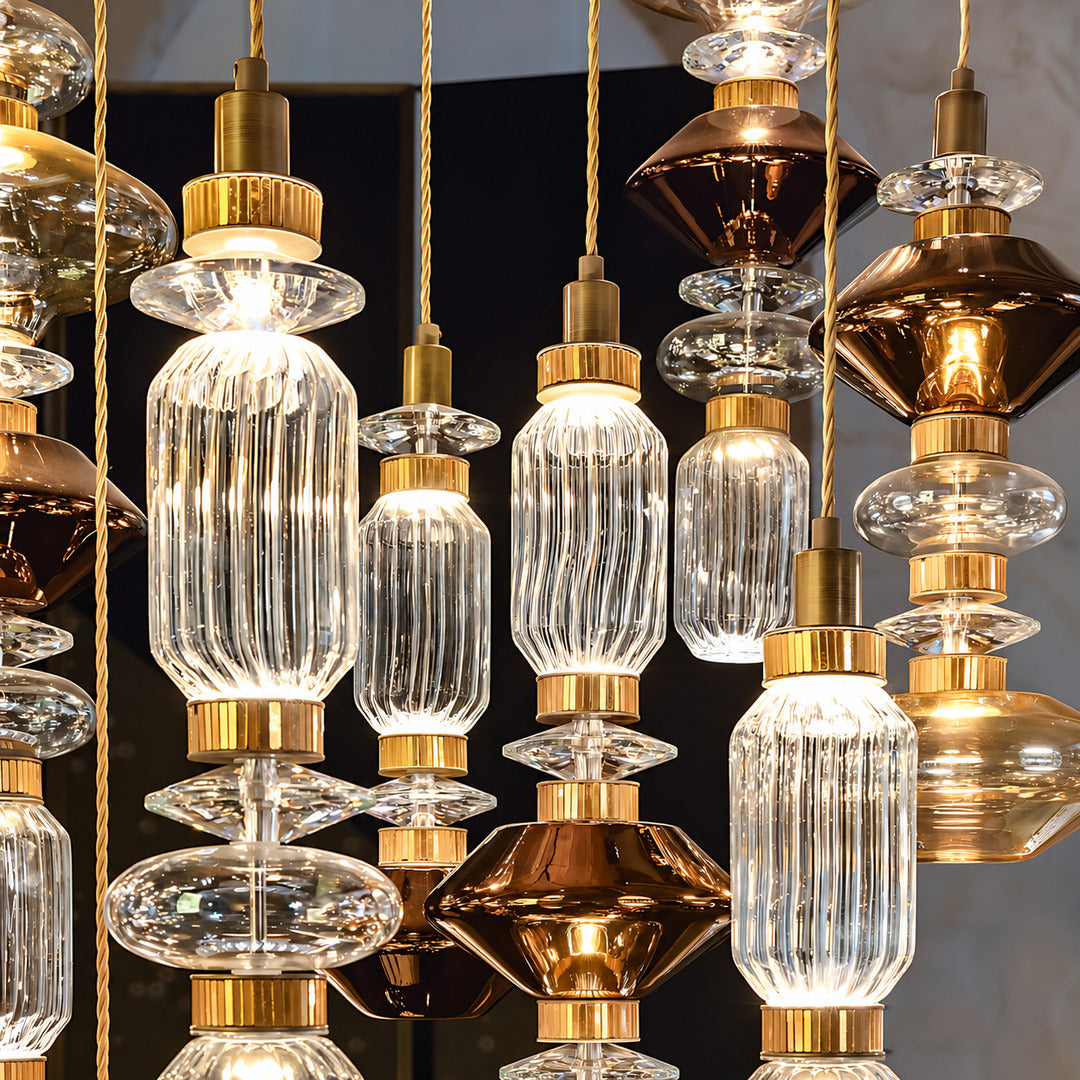 Close-up of the sculptural glass shade on the Danza pendant light