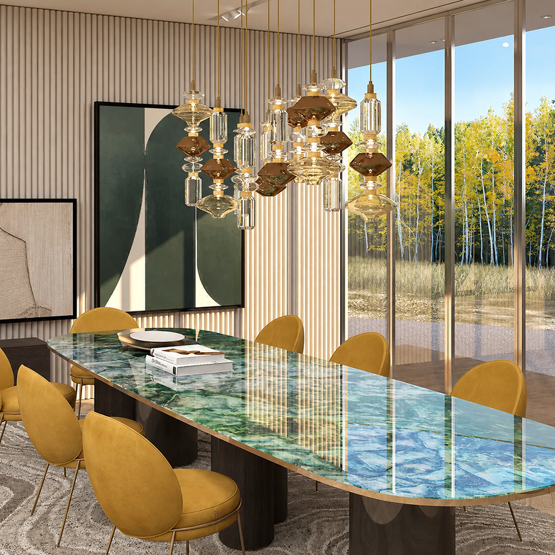 Danza glass pendant lights over tables in an upscale restaurant