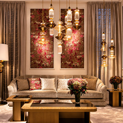 Danza glass pendant cluster as a sculptural centerpiece in a living room