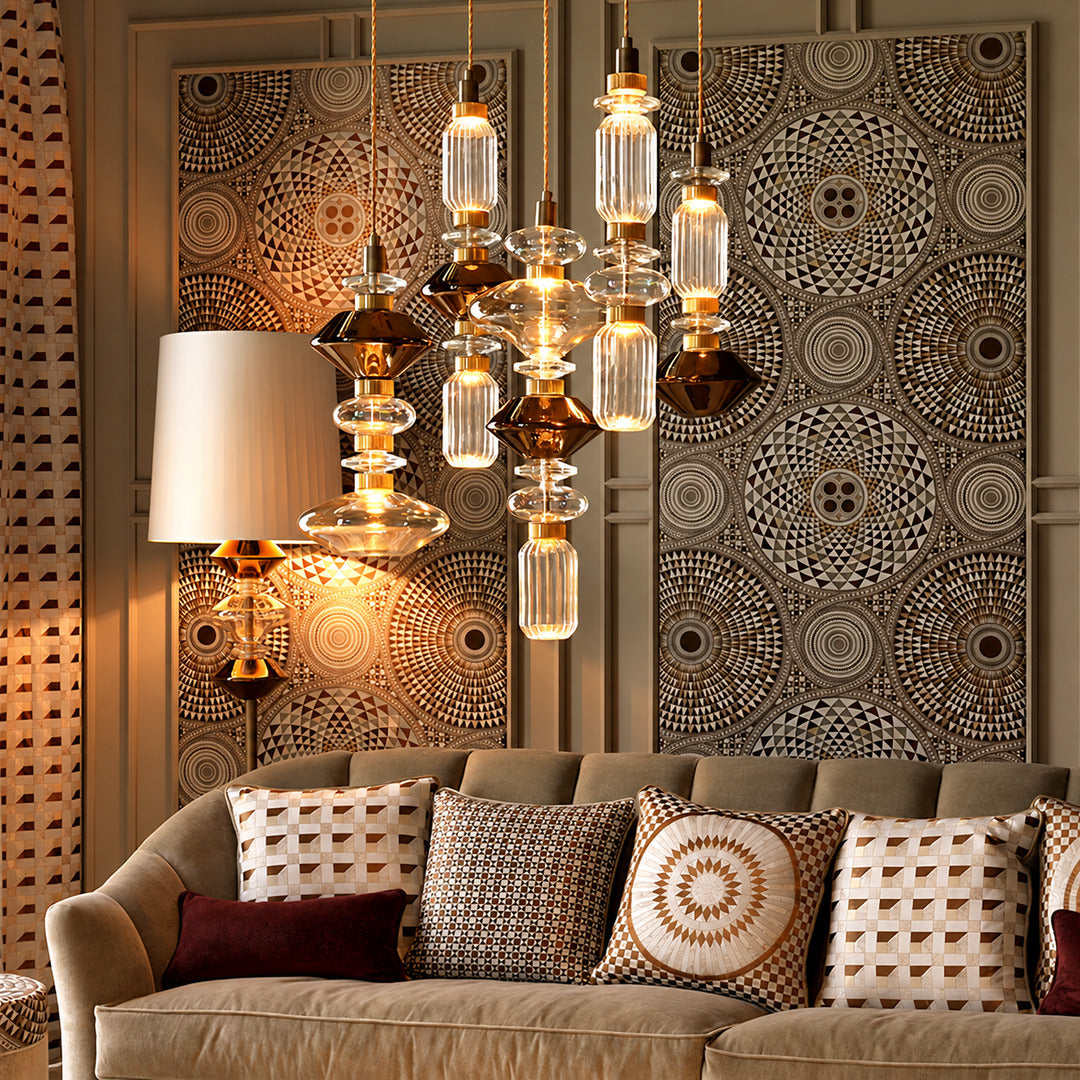 Danza glass pendant cluster as a sculptural centerpiece in a living room