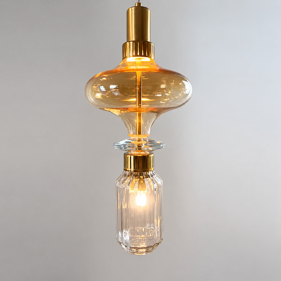 Close-up of the sculptural glass shade on the Danza pendant light