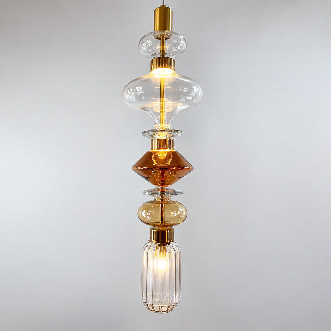 Close-up of the sculptural glass shade on the Danza pendant light