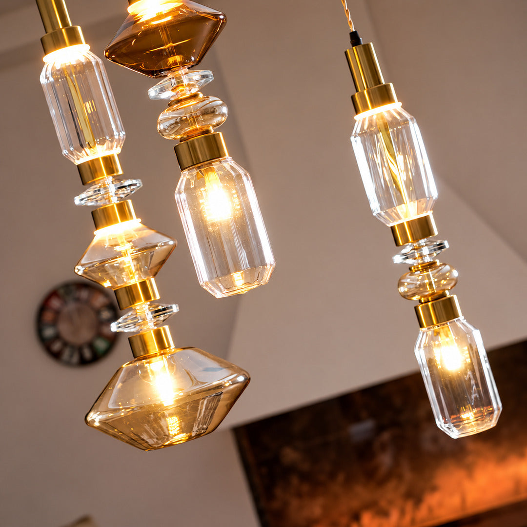 Close-up of the sculptural glass shade on the Danza pendant light