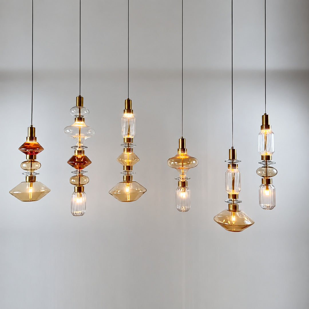 Close-up of the sculptural glass shade on the Danza pendant light