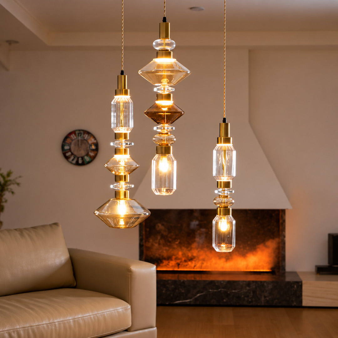 Danza glass pendant cluster as a sculptural centerpiece in a living room