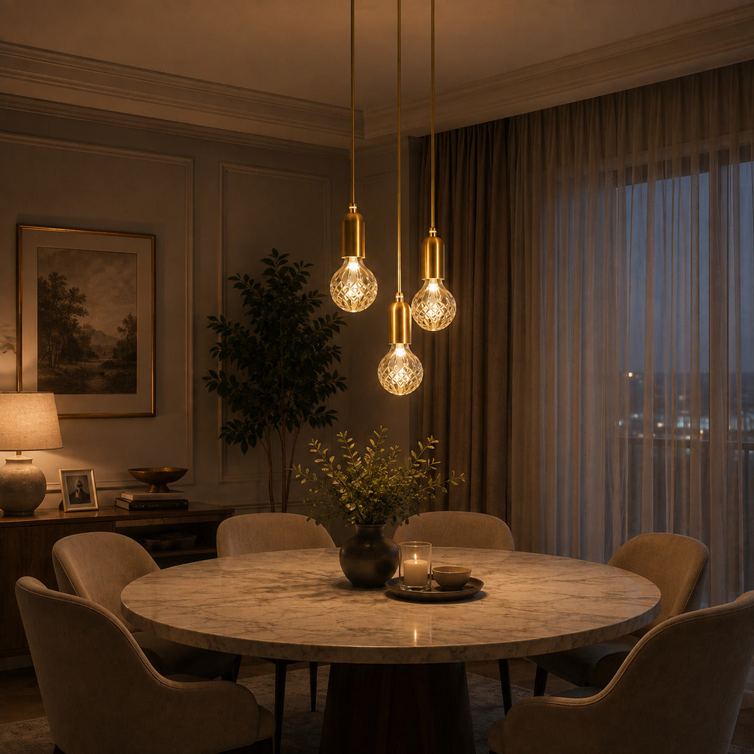 Diamante glass pendant light casting sparkling warm light over a contemporary dining table