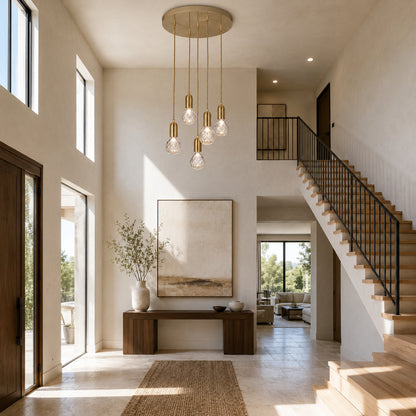 Five-head Diamante cut-glass pendant light cascading down an open staircase stairwell