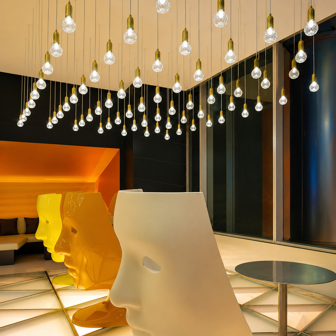 Cluster of Diamante cut-glass pendant lights as a sparkling focal point in a boutique hotel lobby