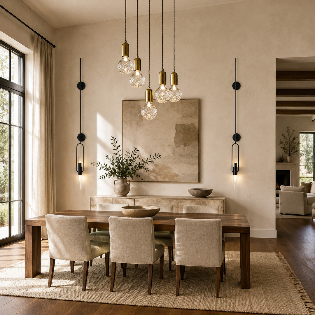 Diamante glass pendant light casting sparkling warm light over a contemporary dining table