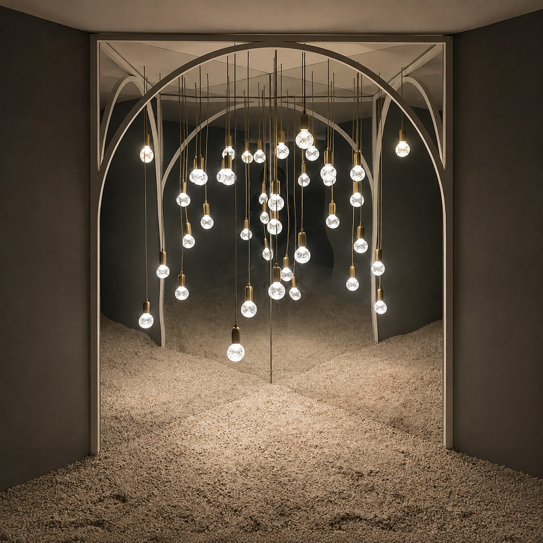 Cluster of Diamante cut-glass pendant lights as a sparkling focal point in a boutique hotel lobby
