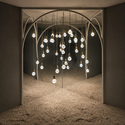Cluster of Diamante cut-glass pendant lights as a sparkling focal point in a boutique hotel lobby