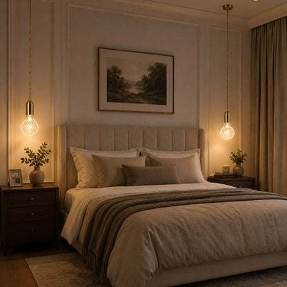Single Diamante cut-glass pendant light hanging beside a modern bedroom nightstand