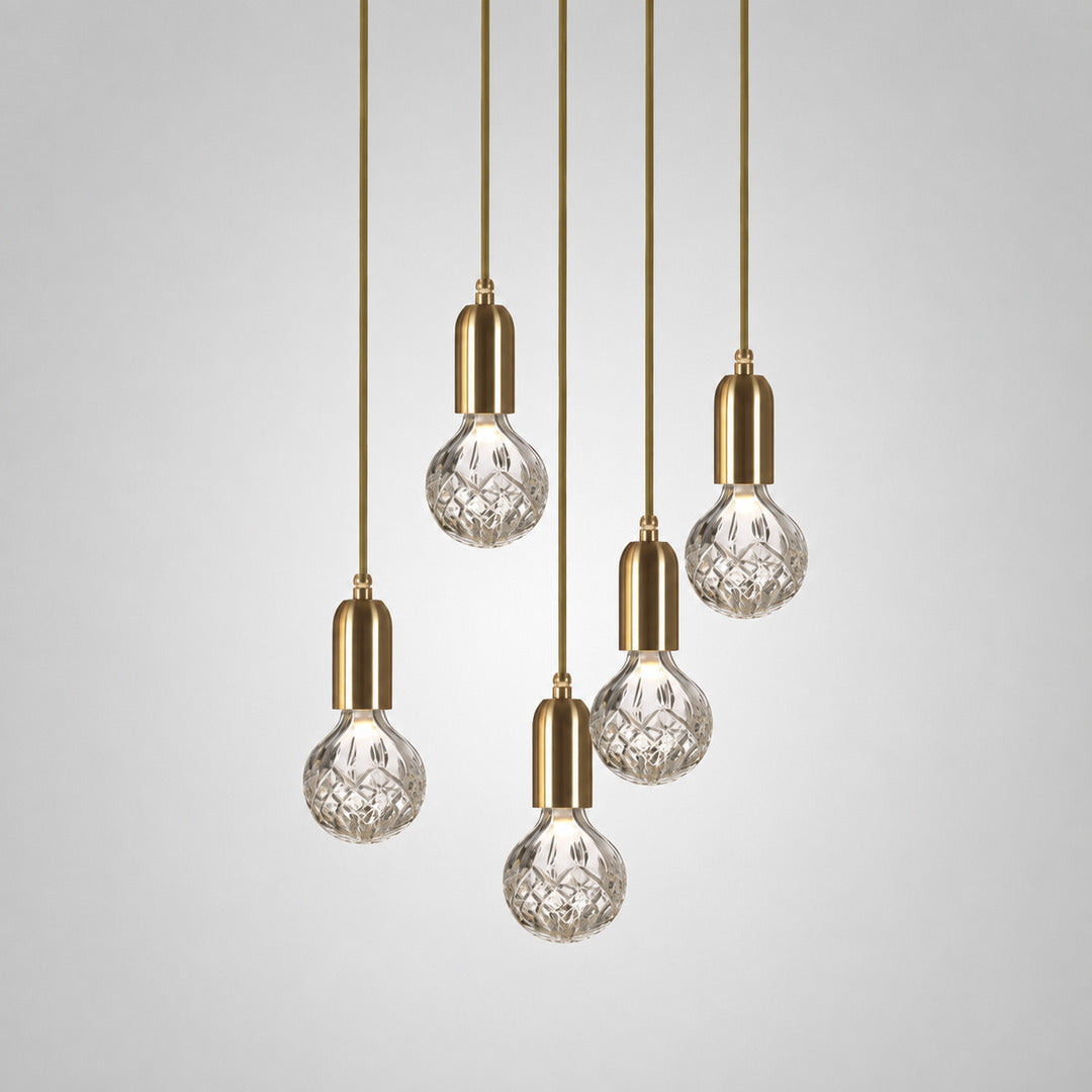 Five-head Diamante cut-glass pendant light cascading in a cluster over a dining table or stairwell