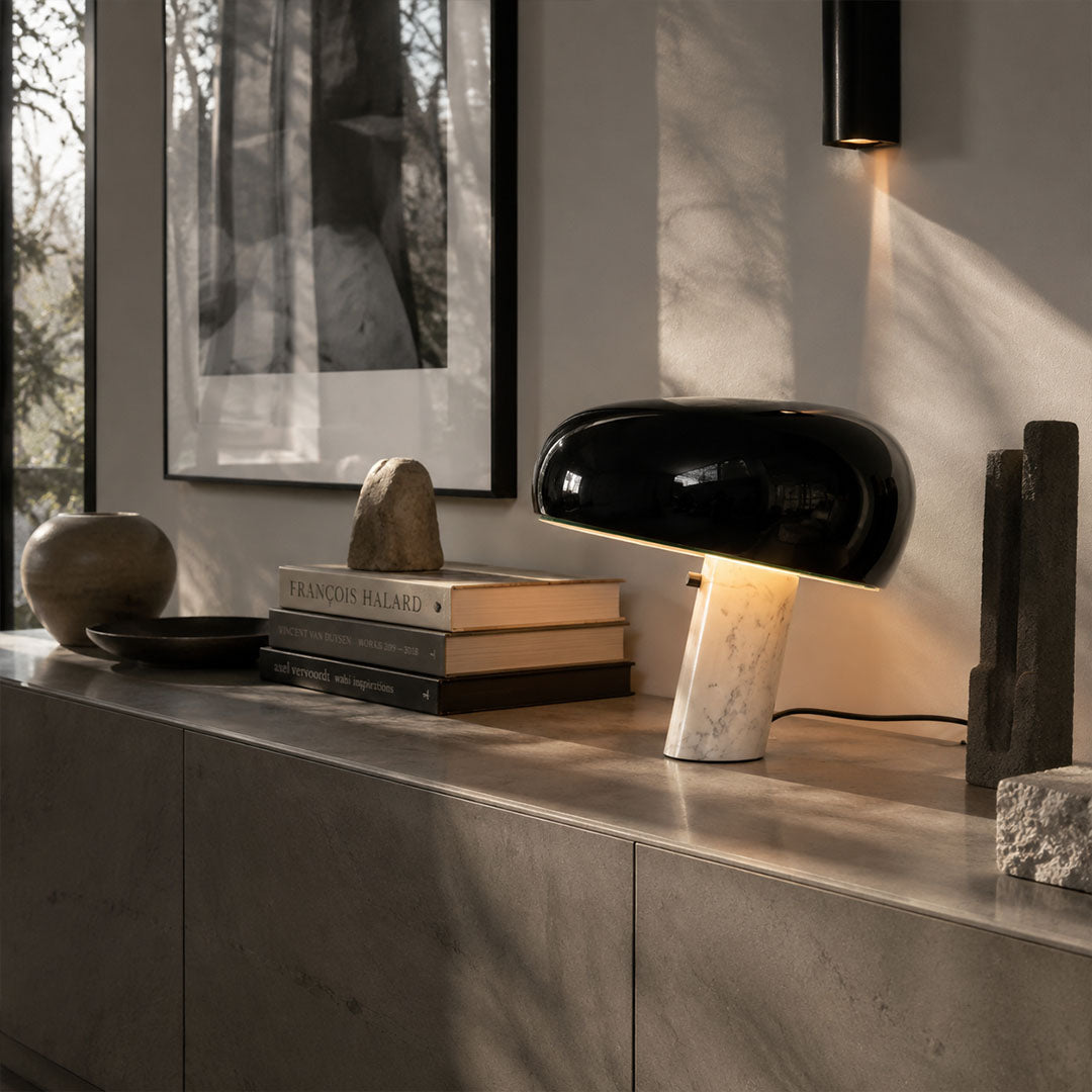 Domo marble table lamp living room side table warm glow dome marble modern American home lifestyle interior styled