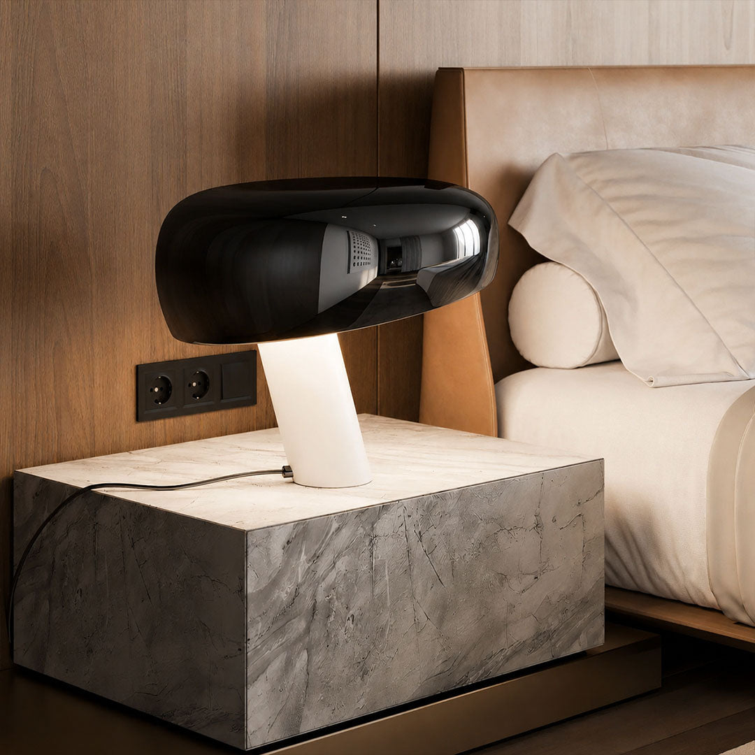 Domo marble table lamp bedroom nightstand bedside warm glow dome marble modern luxurious cozy American home lifestyle interior styled