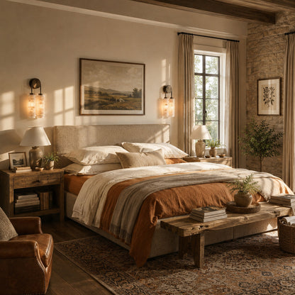 Pair of Duetto alabaster wall sconces flanking a headboard for warm symmetrical bedside light