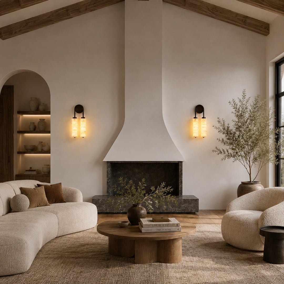 Duetto alabaster wall sconce as a warm sculptural accent on a modern living room feature wall