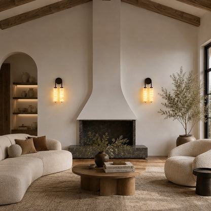 Duetto alabaster wall sconce as a warm sculptural accent on a modern living room feature wall