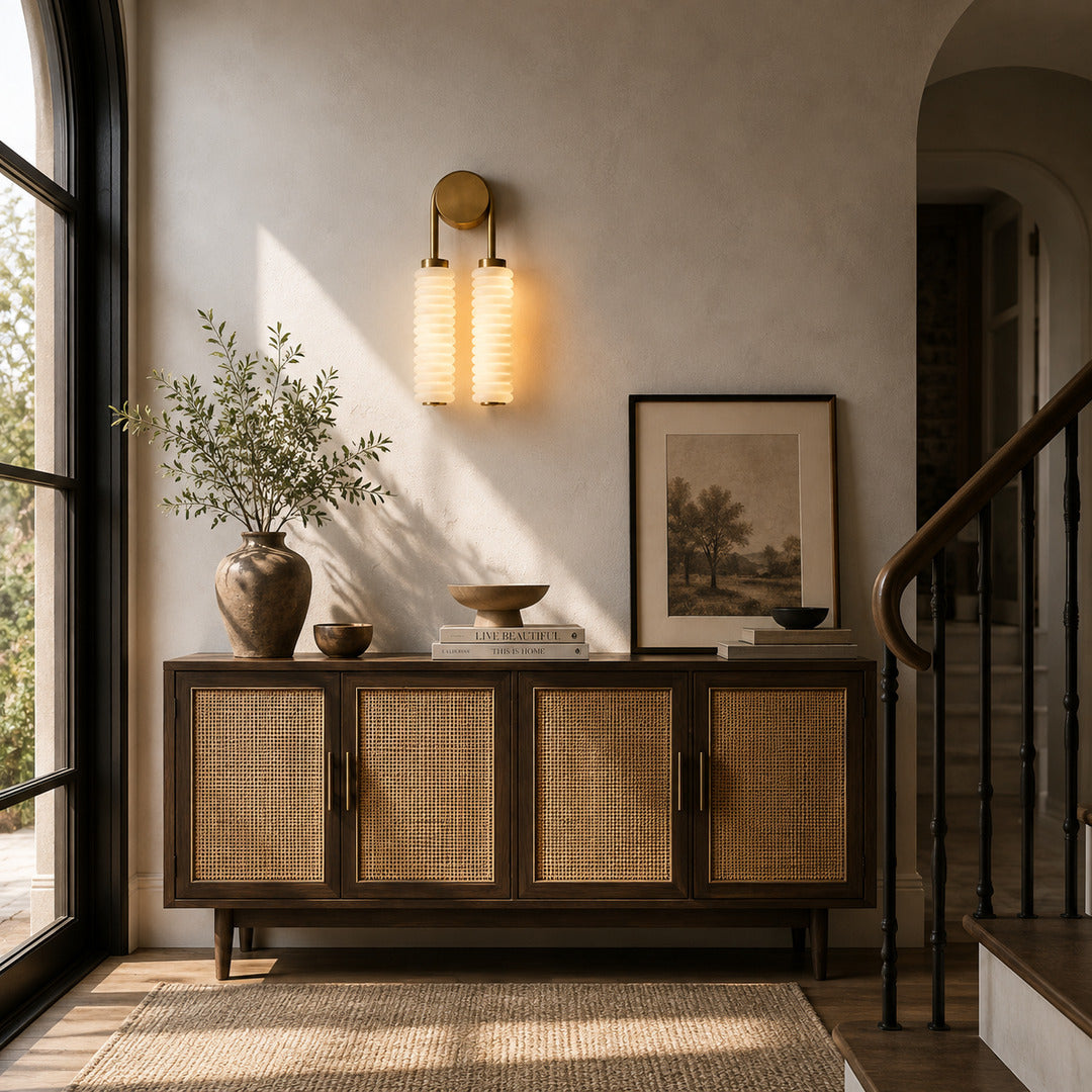 Duetto alabaster wall sconce lighting a staircase wall with a soft natural-stone glow