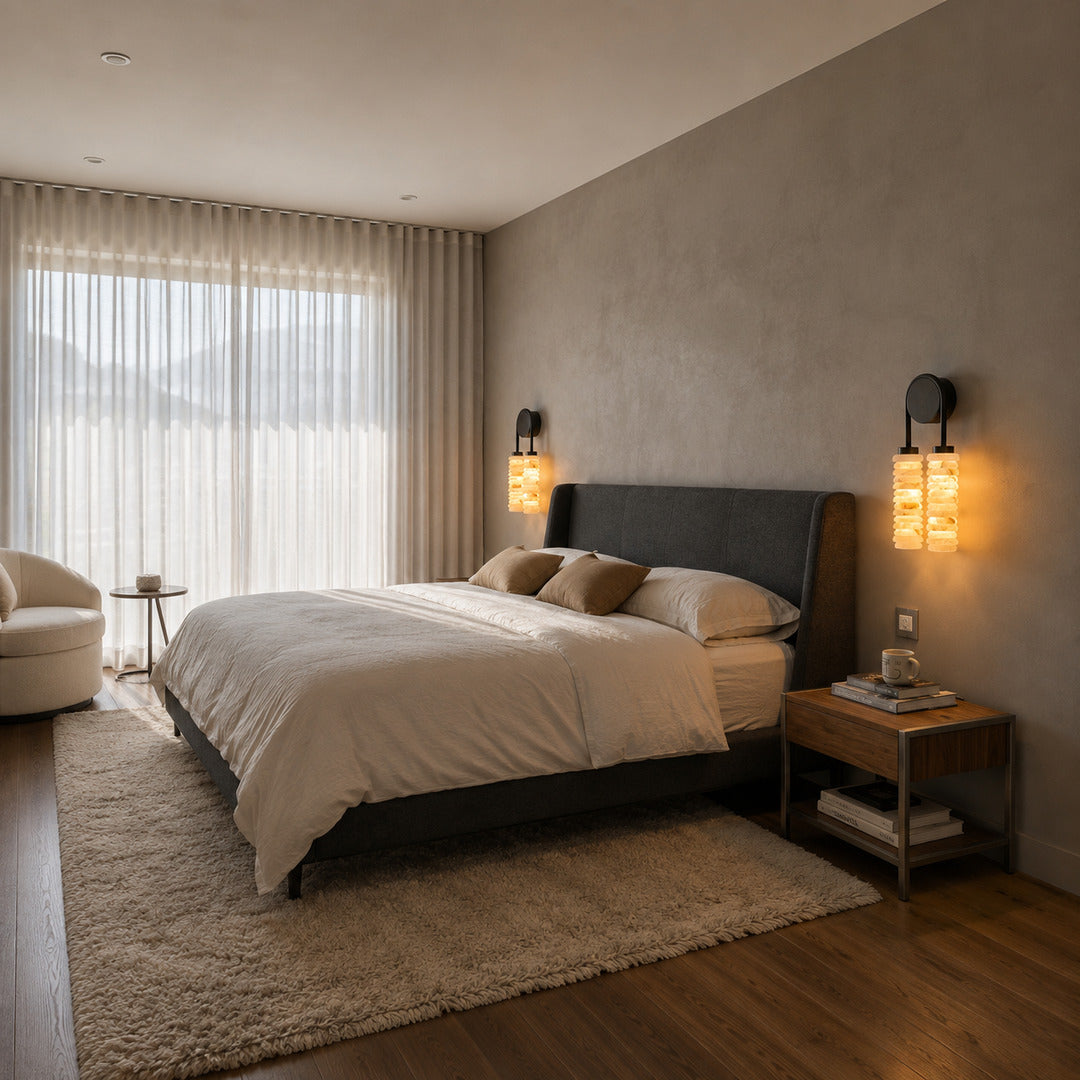 Pair of Duetto alabaster wall sconces flanking a headboard for warm symmetrical bedside light