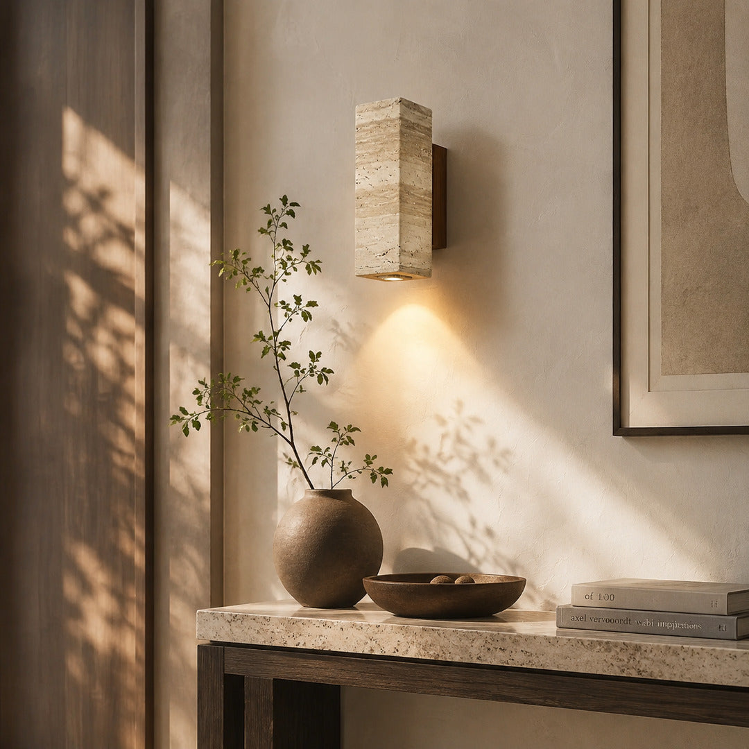 Duplo travertine wall sconce entryway foyer warm glow travertine stone up down American home lifestyle interior styled