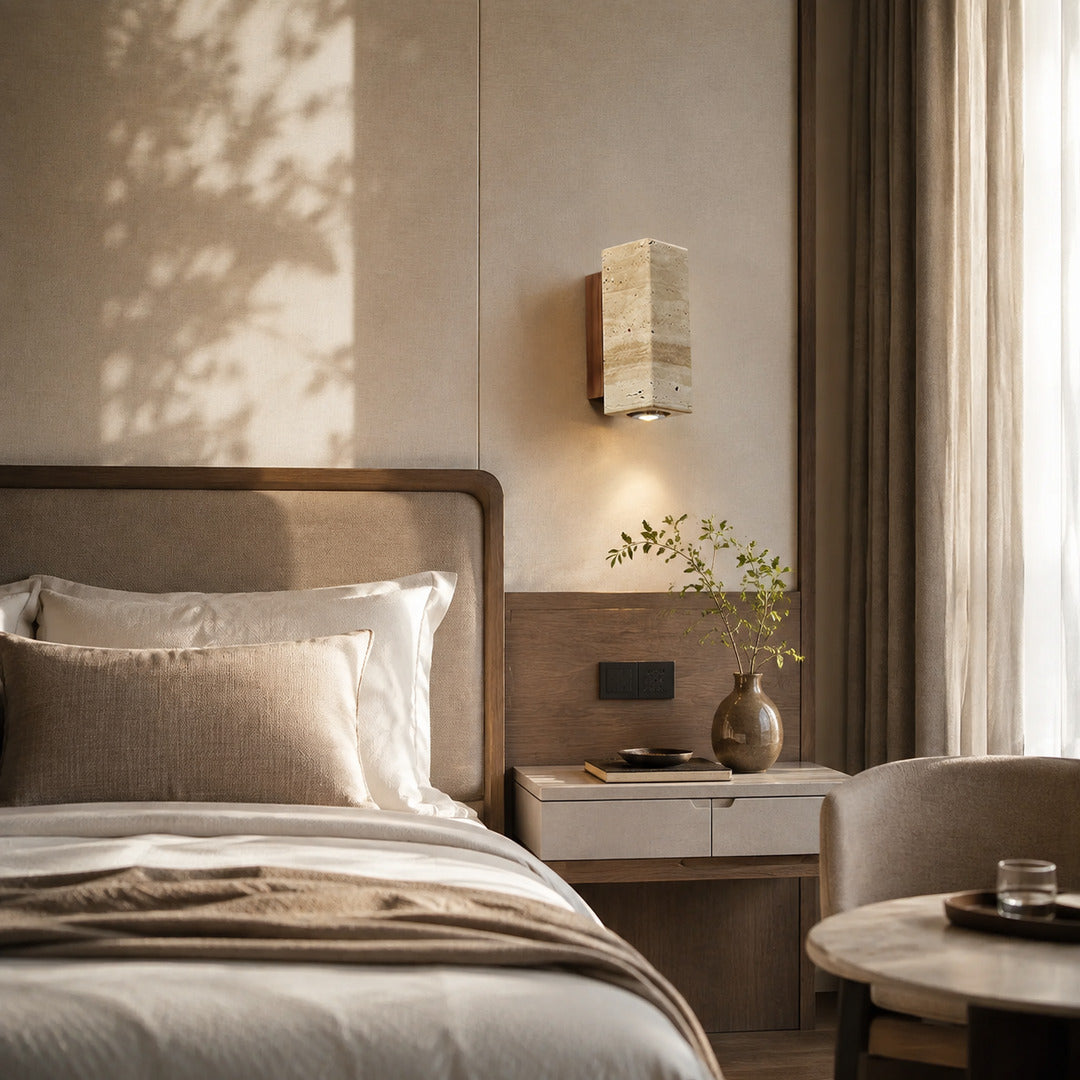 Duplo travertine wall sconce bedroom bedside warm glow natural travertine stone up down minimalist American home lifestyle interior styled
