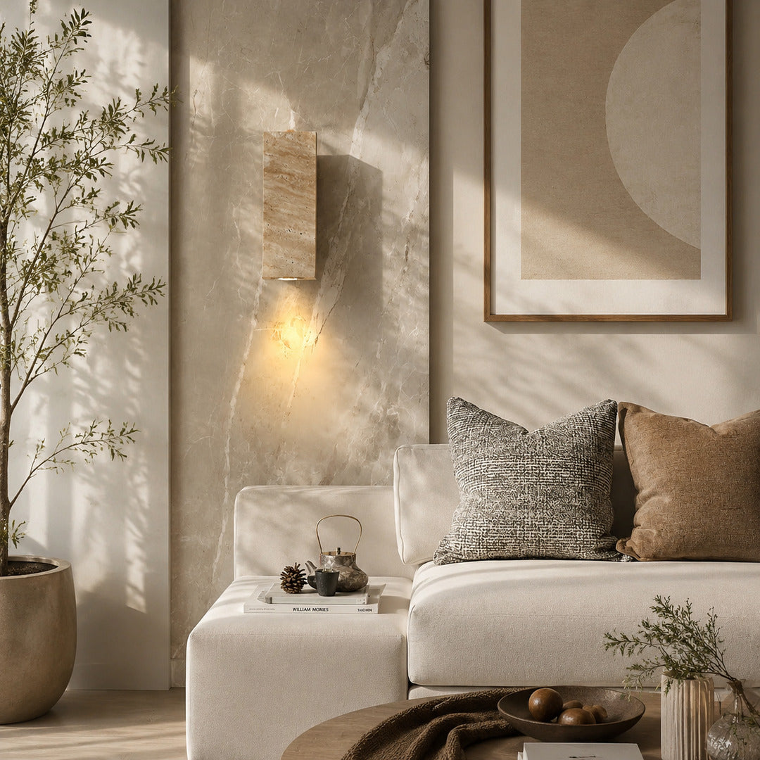 Duplo travertine wall sconce living room wall up down warm glow travertine stone beam American home lifestyle interior styled