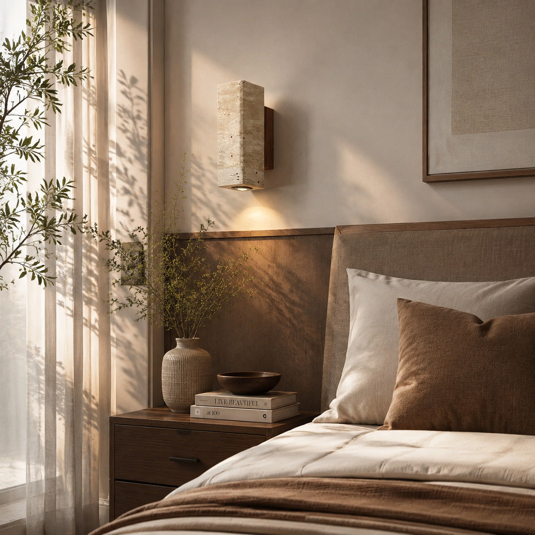 Duplo travertine wall sconce bedroom bedside warm glow natural travertine stone up down minimalist American home lifestyle interior styled