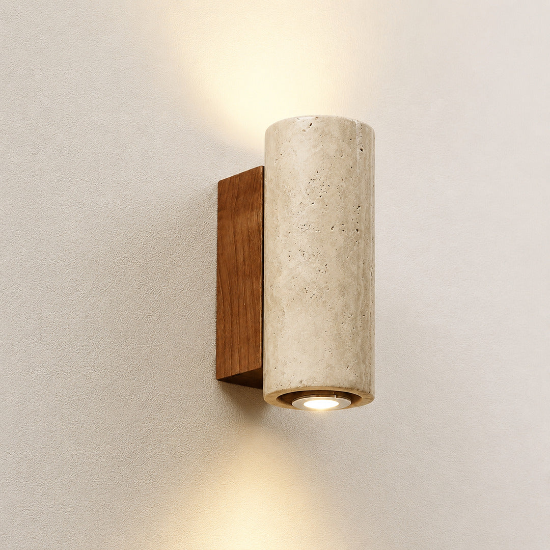 Duplo travertine wall sconce model A up and down lighting dual beam travertine stone warm glow reference