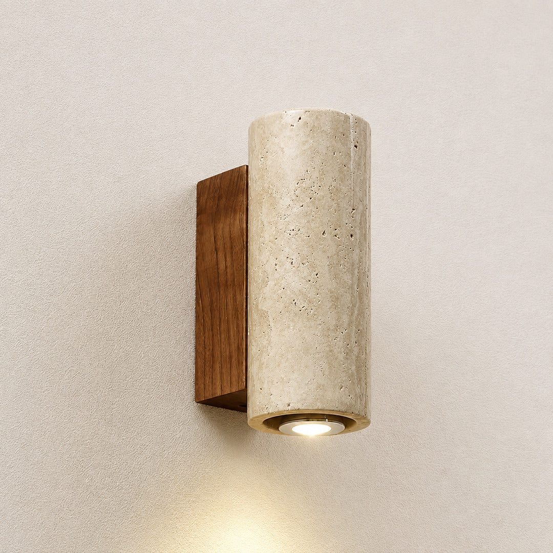 Duplo travertine wall sconce model A downlighting single beam travertine stone warm glow reference