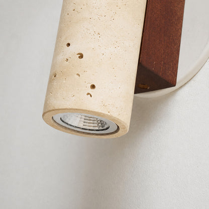 Duplo travertine wall sconce yellow travertine natural stone veining porous texture detail close up unique