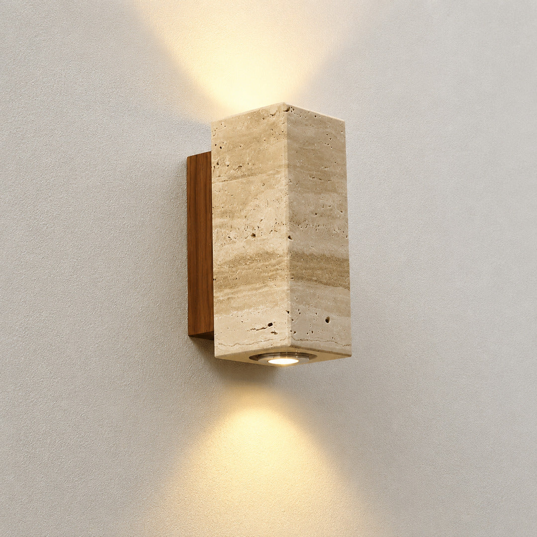 Duplo travertine wall sconce model B up and down lighting dual beam travertine stone warm glow reference