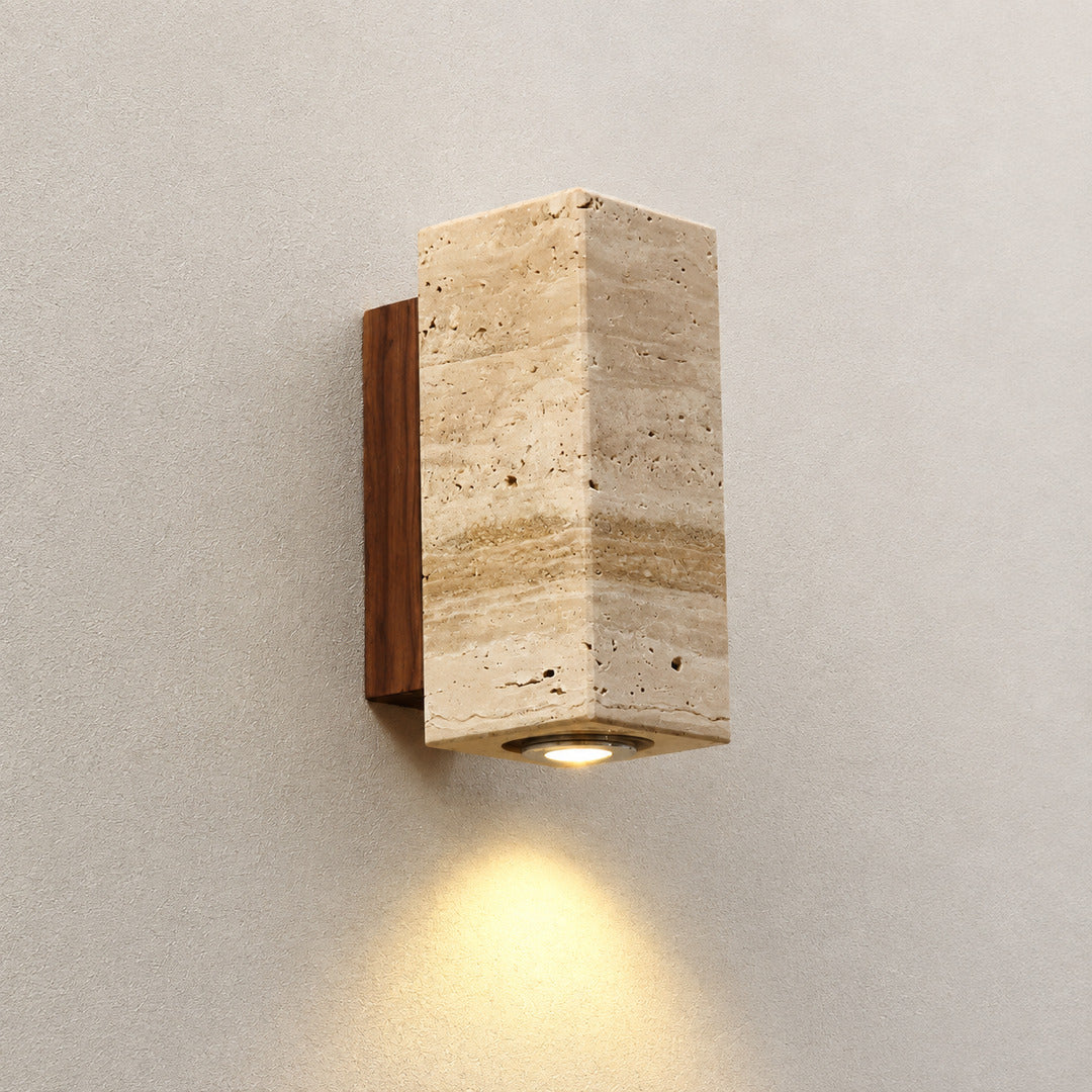 Duplo travertine wall sconce model B downlighting single beam travertine stone warm glow reference