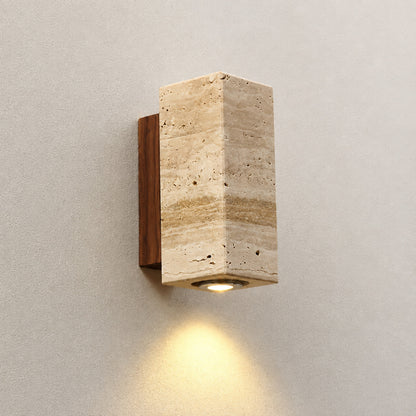 Duplo travertine wall sconce model B downlighting single beam travertine stone warm glow reference
