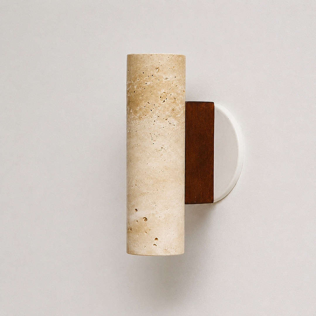 Duplo travertine wall sconce yellow travertine natural stone veining porous texture detail close up unique