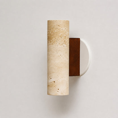 Duplo travertine wall sconce yellow travertine natural stone veining porous texture detail close up unique