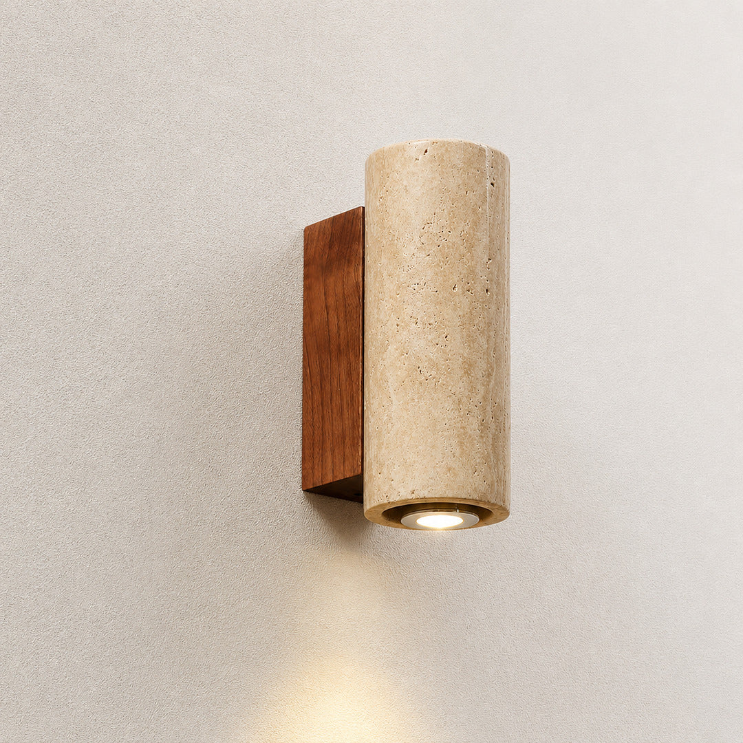 Duplo travertine wall sconce model A downlighting single beam travertine stone warm glow reference