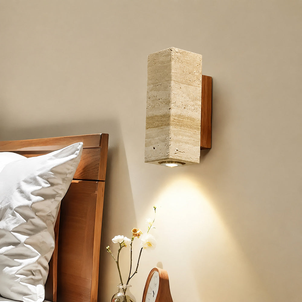 Duplo travertine wall sconce bedroom bedside warm glow natural travertine stone up down minimalist American home lifestyle interior styled