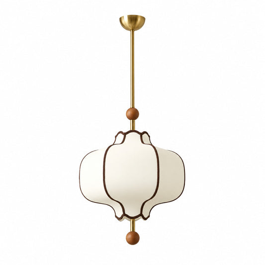 Dynasty lantern pendant light with a Chinese-style fabric lantern shade glowing warm over a dining table