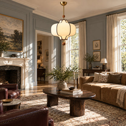 Dynasty lantern pendant light as a warm fabric centerpiece in a living room