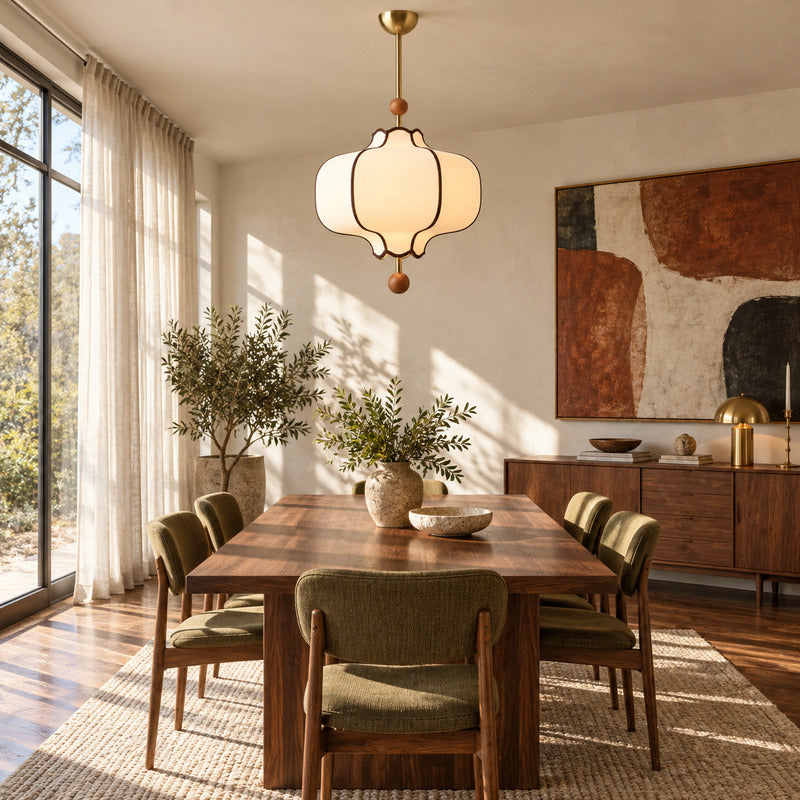 Dynasty lantern pendant light casting a warm glow over a dining table in a transitional interior