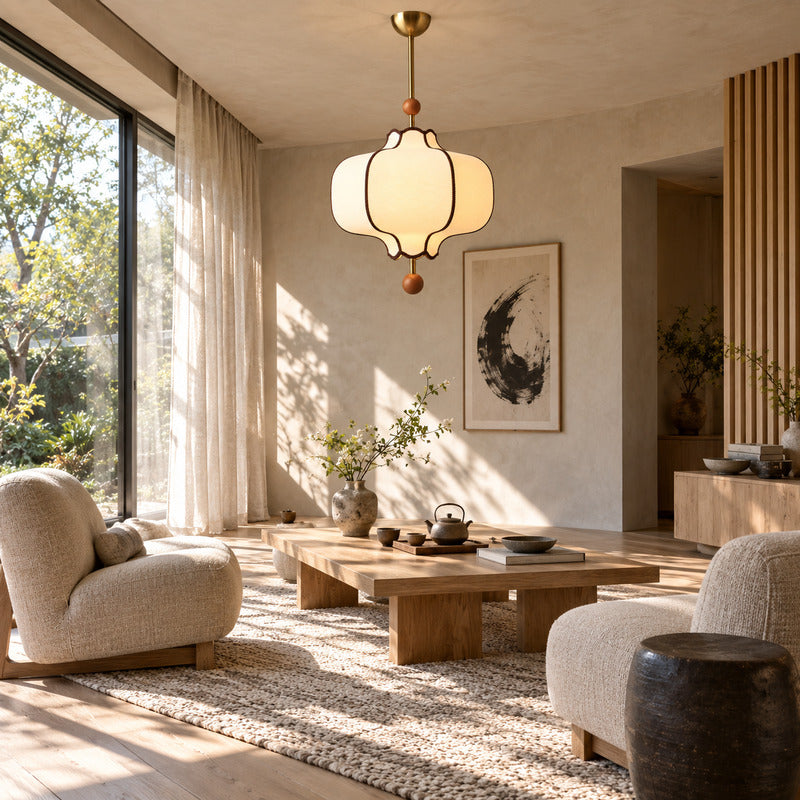 Dynasty lantern pendant light as a warm fabric centerpiece in a living room