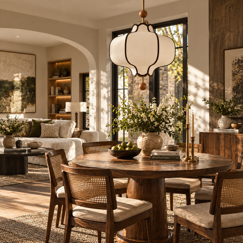 Dynasty lantern pendant light casting a warm glow over a dining table in a transitional interior