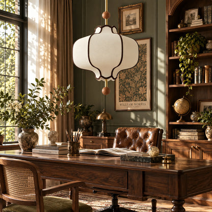 Dynasty lantern pendant light adding a warm sculptural touch above a home office or study