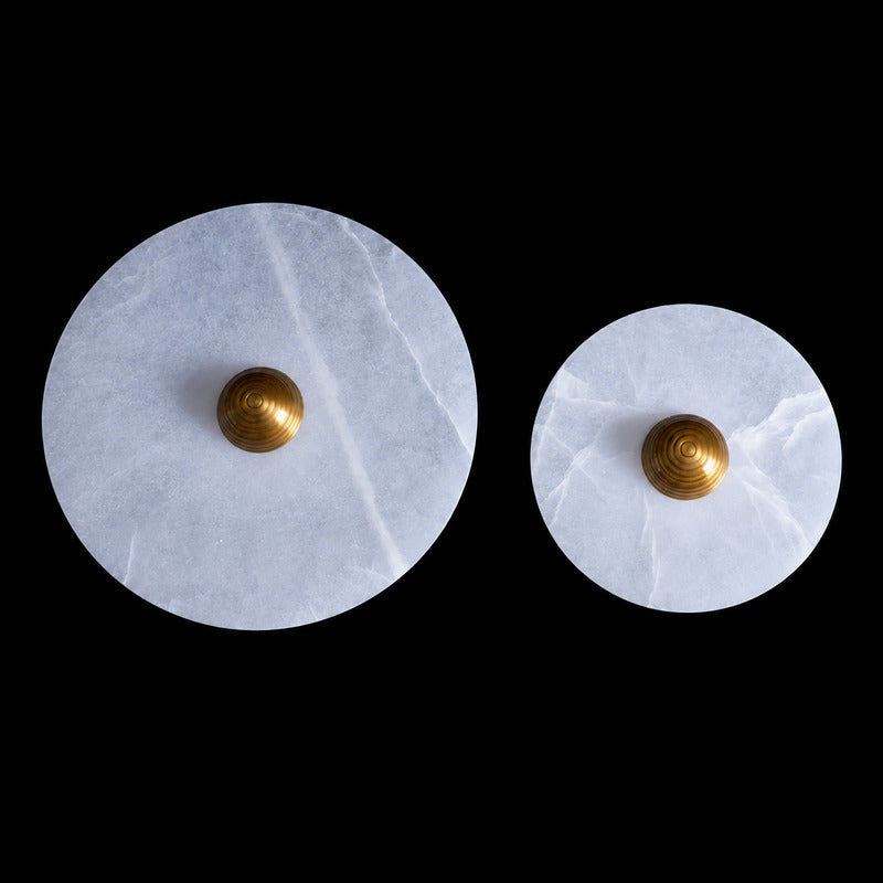 Size chart of the Eclisse alabaster wall sconce showing the 7.9 9.8 11.8 and 13.8 inch diameters