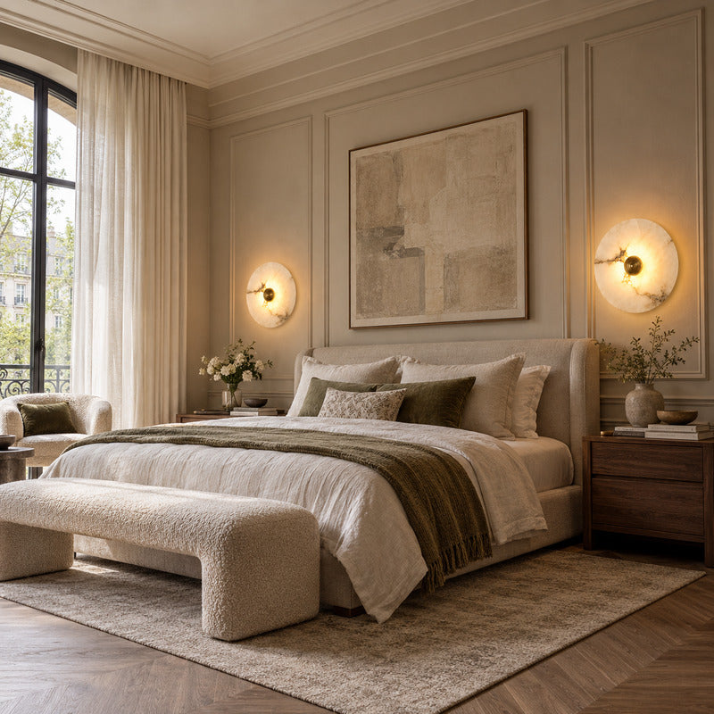 Pair of Eclisse alabaster wall sconces flanking a bed for warm symmetrical bedside lighting