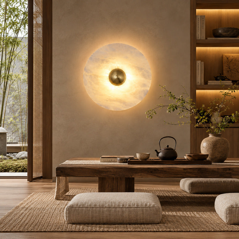 Eclisse alabaster wall sconce with its unique stone veining suiting a wabi-sabi interior