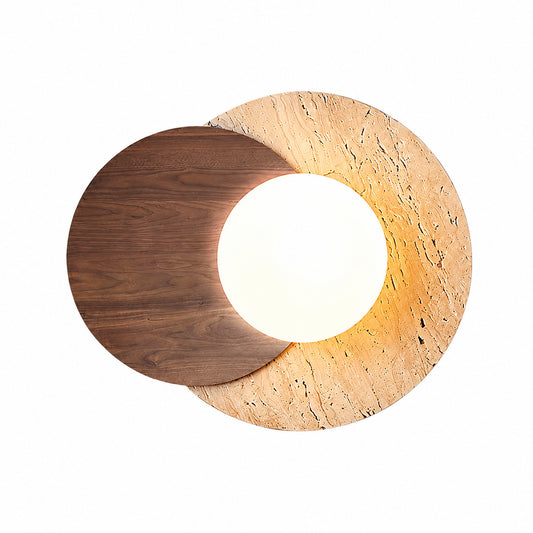 Eclisse travertine wall sconce white glass globe yellow travertine stone wood base minimalist sculptural white background